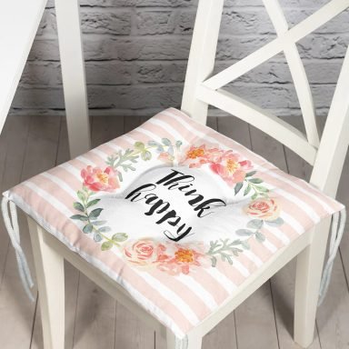 Çiçek Motifli Think Happy Baskılı Pofidik Sandalye Minderi