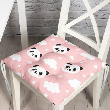 Pembe Zeminli Panda Resimli Dijital Baskılı Pofidik Sandalye Minderi