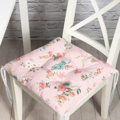 Pembe Zeminli Çiçek Desenli Modern Pofidik Sandalye Minderi