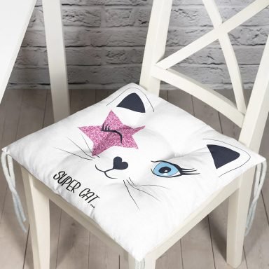Super Cat Motifli Modern Dijital Baskılı Pofidik Sandalye Minderi