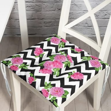 Zigzag Zebra Temalı Gül Motifli Modern Pofidik Sandalye Minderi