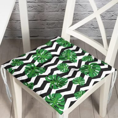 Zigzag Zebra Temalı Yaprak Çizimli Dijital Baskılı Pofidik Sandalye Minderi