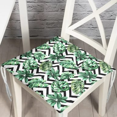 Zigzag Siyah Beyaz Şerit Temalı Yaprak Çizimli Pofidik Sandalye Minderi