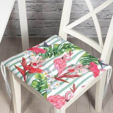 Flamingo Motifli Şerit Desenli Pofidik Kare Sandalye Minderi