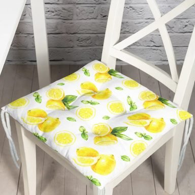 Beyaz Zeminde Limonlar Desenli Dijital Baskılı Pofidik Sandalye Minderi
