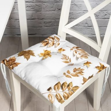3D Altın Renkli Yapraklar Desenli Pofidik Kare Sandalye Minderi