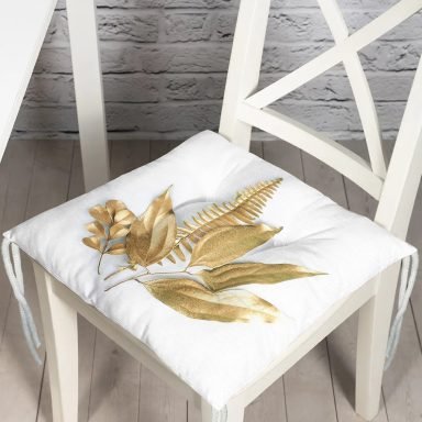3D Altın Görünümlü Yapraklar Desenli Modern Pofidik Sandalye Minderi