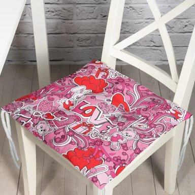 Pembe Zeminli Love You Temalı Modern Pofidik Sandalye Minderi
