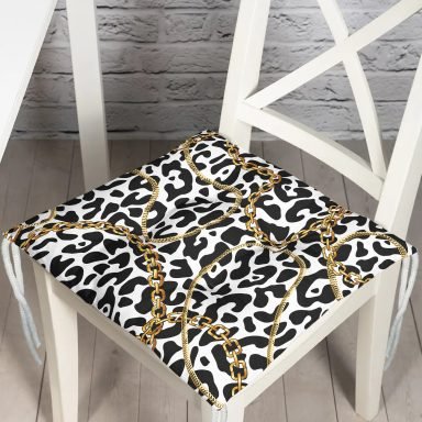 Leopar Desenli Altın Detaylı Özel Tasarım Modern Pofidik Sandalye Minderi