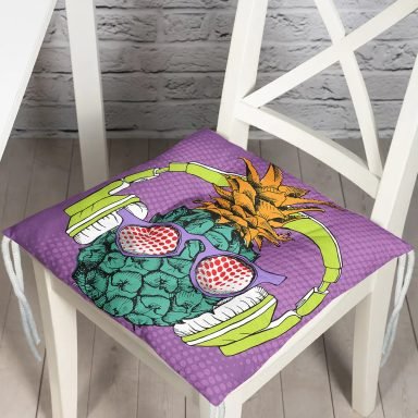 Mor Zeminde Tropikal Ananas Desenli Dijital Baskılı Pofidik Sandalye Minderi