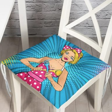 Mavi Zemini Popart Girl Desenli Pofidik Kare Sandalye Minderi