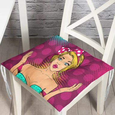 Fuşya Puanlı Popart Desenli Pofidik Kare Sandalye Minderi