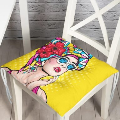 Sarı Zeminli Summer Popart Tasarımlı Pofidik Kare Sandalye Minderi