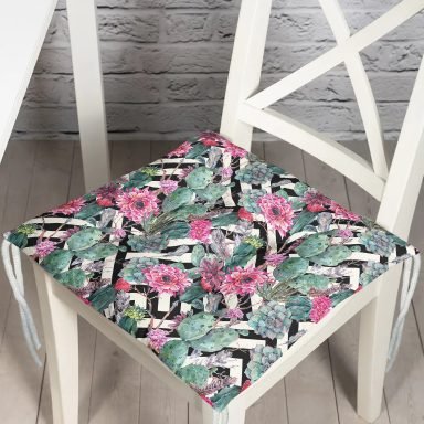 Geometrik Zeminde Çiçek ve Kaktüsler Özel Tasarım Pofidik Sandalye Minderi