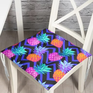 Mavi Zigzag Zeminli Ananas Desenli Pofidik Kare Sandalye Minderi