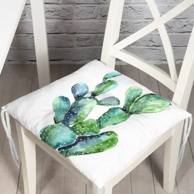 Suluboya Kaktüs Çizimli Modern Tasarım 3D Pofidik Sandalye Minderi