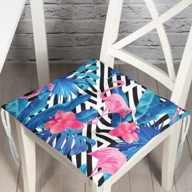 Geometrik Mavi Pempe Flamingo Tasarımlı Dijital Baskılı Pofidik Sandalye Minderi