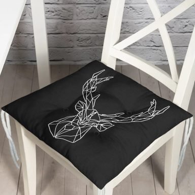 Siyah Zeminli Geometrik Geyik Çizimli Modern Pofidik Sandalye Minderi