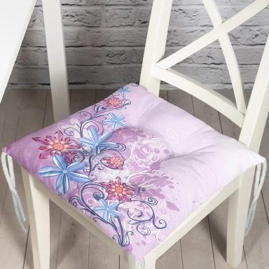 Lila Zeminde Çiçek Motifli Dijital Baskılı Modern Pofidik Sandalye Minderi