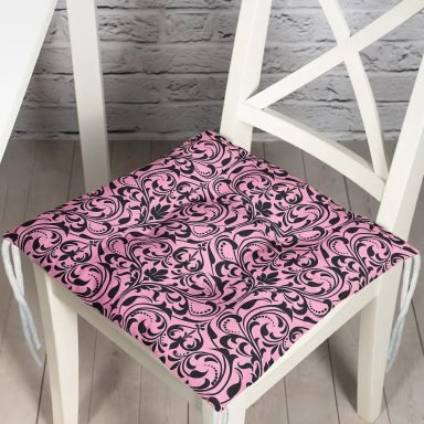 Pembe Zeminde Siyah Motifler Dijital Baskılı Modern Pofidik Sandalye Minderi