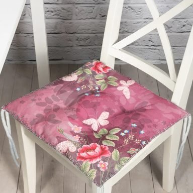 Realhomes Pembe Zeminde Kelebek Desenli Dijital Baskılı Modern Pofidik Sandalye Minderi