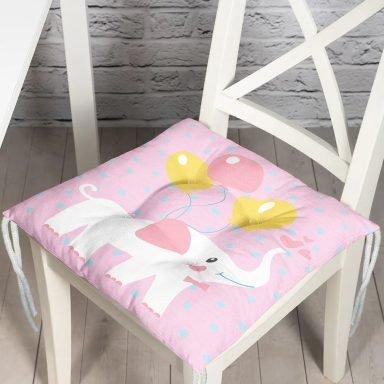 Pembe Zeminde Fil ve Balon Motifli Çocuk Odası Pofidik Sandalye Minderi