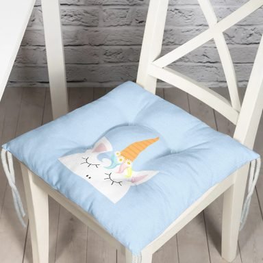 Realhomes Mavi Zeminde Unicorn Desenli Modern Pofidik Sandalye Minderi