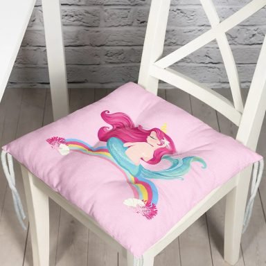 Pembe Zeminde Denizkızı Desenli Dijital Baskılı Çocuk Odası Pofidik Sandalye Minderi
