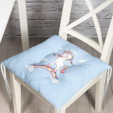 Realhomes Mavi Zeminde Unicorn At Desenli Modern Pofidik Sandalye Minderi