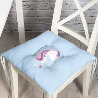Realhomes Mavi Zeminli Magic Unicorn Tasarımlı Modern Pofidik Sandalye Minderi
