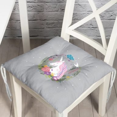 Realhomes Gri Zeminde Unicorn At Desenli Modern Pofidik Sandalye Minderi