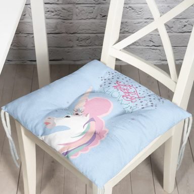 Mavi Zeminde Baby Shower Unicorn At Tasarımlı Modern Pofidik Sandalye Minderi