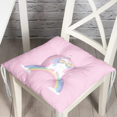 Pembe Zeminde Unicorn Tasarımlı Çocuk Odası Pofidik Sandalye Minderi
