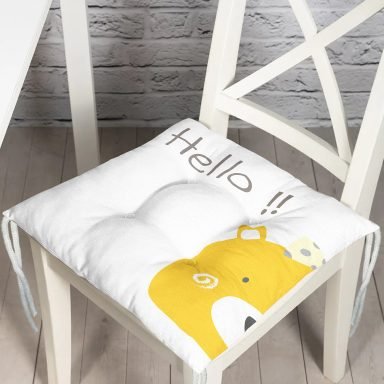 Sarı Ayıcık Hello Motifli Çocuk Odası Pofidik Sandalye Minderi