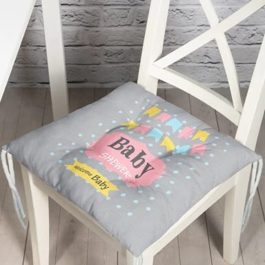 Gri Zeminde Baby Shower Desenli Özel Tasarım Bebek Odası Sandalye Minderi