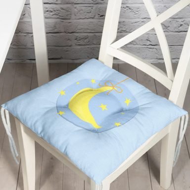 Mavi Zemin Ay Desenli Baby Shower Özel Tasarımlı Dijital Baskılı Çocuk Odası Pofidik Sandalye Minderi