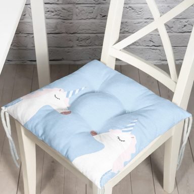 Mavi Zemin Baby Shower Temalı Unicorn Desenli Dijital Baskılı Çocuk Odası Pofidik Sandalye Minderi