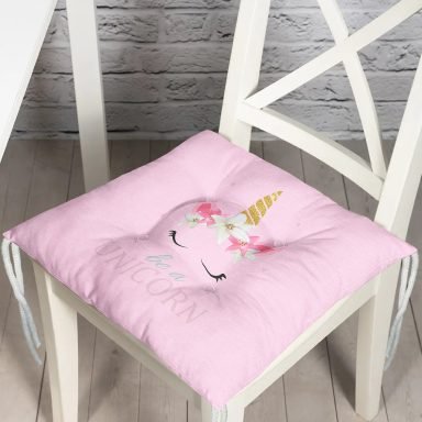 Pembe Zemin Be A Unicorn Yazılı Dijital Baskılı Modern Pofidik Sandalye Minderi