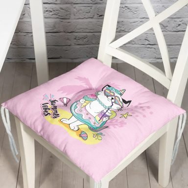 Pembe Zemin Tatil Temalı Sevimli Kedi Desenli Dijital Baskılı Modern Pofidik Sandalye Minderi