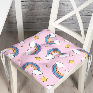 Realhomes Pembe Zeminde Unicorn Gökkuşağı Dijital Baskılı Modern Pofidik Sandalye Minderi