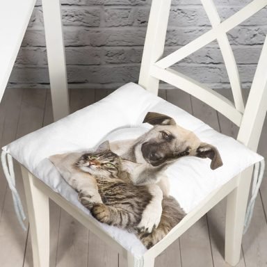 Köpek ve Kedili Dijital Baskılı Modern Pofidik Sandalye Minderi