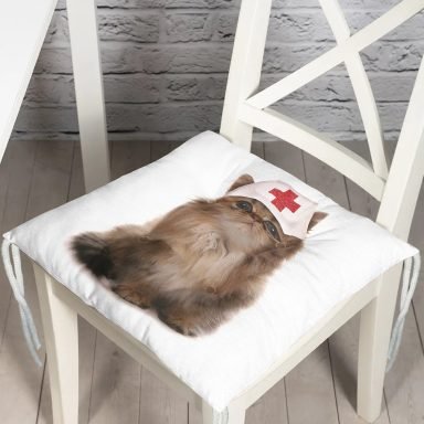 Hemşire Şapkalı Sevimli Kedi Dijital Baskılı Modern Pofidik Sandalye Minderi