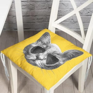 Gözlüklü Kedi Desenli Dijital Baskılı Modern Pofidik Sandalye Minderi