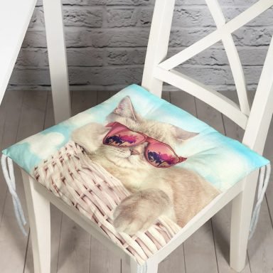 Sepetteki Gözlüklü Kedi Dijital Baskılı Modern Pofidik Sandalye Minderi