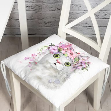 Çiçekli Kedi Motifli Dijital Baskılı Modern Pofidik Sandalye Minderi