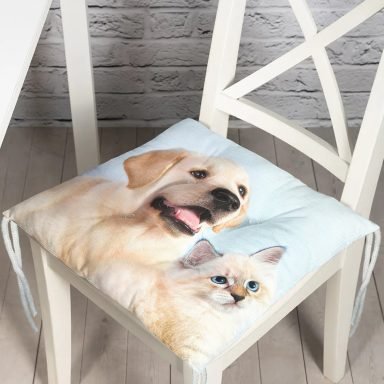 Köpek ve Kedili Dijital Baskılı Modern Pofidik Sandalye Minderi
