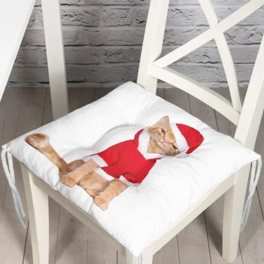 Yılbaşı Kıyafetli Kedi Desenli Dijital Baskılı Modern Pofidik Sandalye Minderi