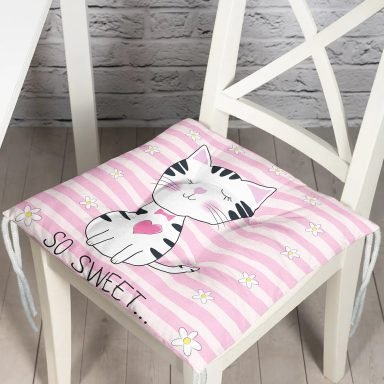 So Sweet Pembe Çizgili Sevimli Kedi Modern Pofidik Sandalye Minderi