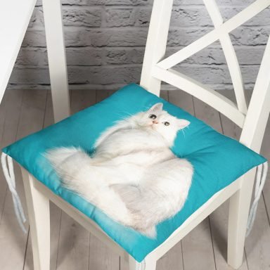 Mavi Zeminde Beyaz Kedi Desenli Modern Pofidik Sandalye Minderi