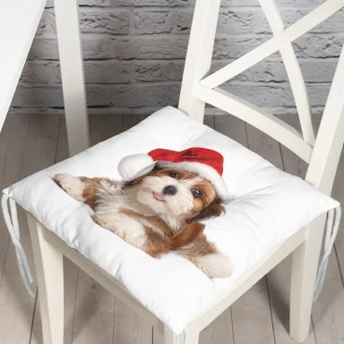 Yılbaşı Şapkalı Köpek Desenli Dijital Baskılı Modern Pofidik Sandalye Minderi